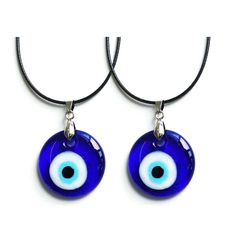 two blue evil eye glass pendants on black cord