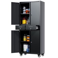 a black cabinet with two doors and shelves