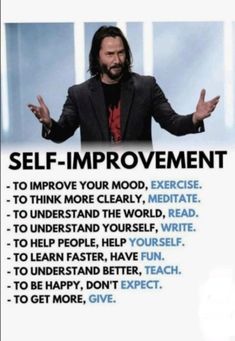 a man with long hair and beard standing in front of a sign that says self improvement