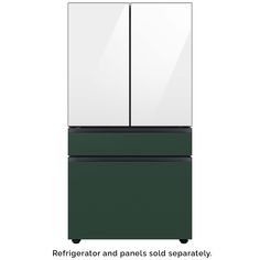 the refrigerator is green and white with two doors on each side that are both closed