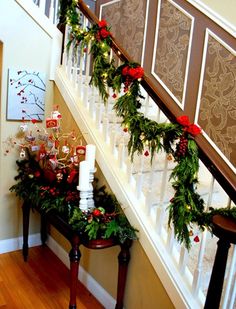 christmas decorations on the banisters and stairs