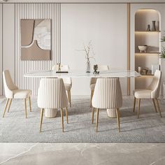 an elegant dining room with white chairs and a marble table surrounded by striped wallpaper