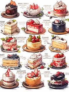 a bunch of different types of cakes on plates