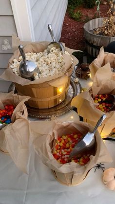 several baskets filled with food on top of a table