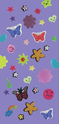 an assortment of colorful stickers on a purple background