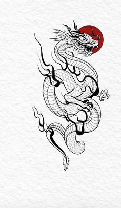 a black and white drawing of a dragon with red ball in its mouth on paper