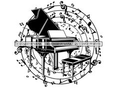 a black and white drawing of a piano with musical notes in the circle around it