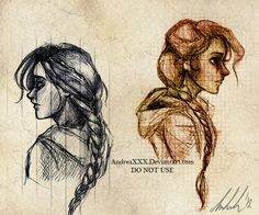 two drawings of women with long hair and one has a ponytail on her head, while the