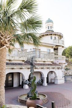 a palm tree in front of a large white building with a balcony and balconies