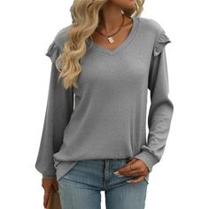 Women Long Sleeve T Shirts Fall V Neck Ruffle Sleeve Tunic Tops for Fall and Winter SHIBEVER Long Sleeve T Shirt Has Comfortable Materials and Ruffle Sleeve, It Can Dressy Perfect All-Purpose Style Clothing for Your Wardrobe. Shibever Fall Long Sleeves Top is Lightweight And Has A Comfortable Fabric That is Comfortable And Wram in Cold Weather. This T Shirt or Top is Specially Designed for You Who Enjoy the Daily Life. Product Details Women Fall T Shirts V Neck Long Sleeve Tunic Tops Clothing fo Comfy Long Sleeve Shirts, Fall Long Sleeve Shirts, Tunic Tops For Women, Fitted Tunic Tops, Comfy Blouse, Tunic Tops Casual, Casual Long Sleeve Shirts, Sleeves Top, Women Long Sleeve Tops