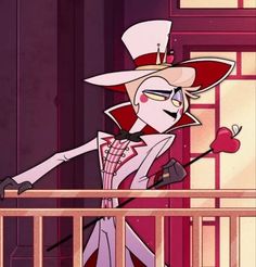 the animated character is dressed in red and white