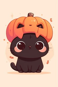 a black cat with a pumpkin on its head sitting in front of a pink background