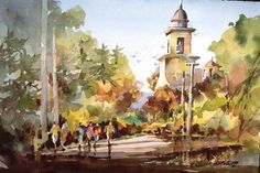 a painting of people walking in the park