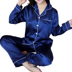 Material: PolyesterMaterial: SpandexPattern Type: SolidCollar: Turn-down CollarLength: Full LengthOrigin: CN(Origin)Sleeve Length(cm): FullSeason: SpringObscene Picture: NoSexually Suggestive: NoMaterial Composition: 95% Polyester 5%spandex Pijama Satin, Night Wears, Pajamas Aesthetic, Satin Pyjamas, Full Sleeve Top, Silk Pajamas Women, Pyjama Satin, Summer Pajama Set, Comfortable Loungewear