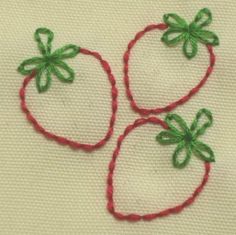 three strawberries on a white cloth with red thread and green leaves in the middle