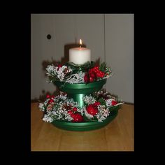 three tiered christmas tree candle holder with holly and poinsettis