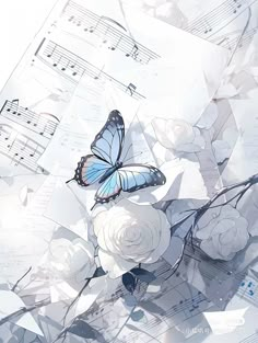 a blue butterfly sitting on top of white flowers and sheet music notes in the background