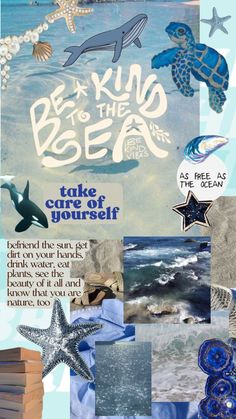 a collage of sea related items including starfish, seashells and dolphins