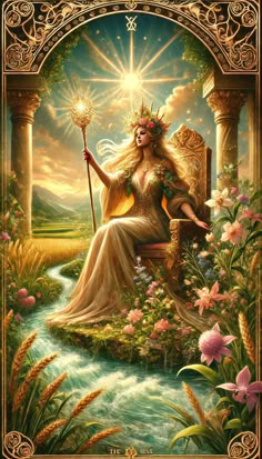 a woman sitting on top of a chair in front of flowers and trees with a wand