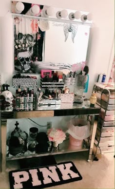 a vanity with lots of items on top of it