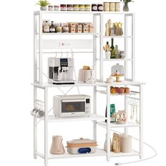 a white shelf filled with lots of food and kitchen items on top of each other