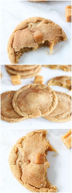 three different views of cookies with peanut butter on top and the bottom one is half eaten