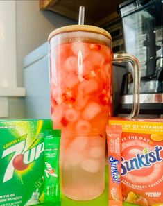 a drink and some snacks on a counter