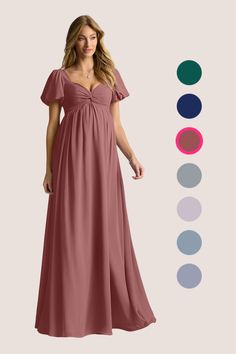 a woman in a long dress standing next to color swatches and the image shows different colors