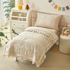 PRICES MAY VARY. MATERIAL : AIKASY tufted toddler bed set 100% brushed microfiber material. Super soft, breathable and great for all seasons. ITEM DIMENSIONS: 1 reversible comforter (43" x 59"), 1 pillowcase (20" x 30"), 1 flat top sheet (45" x 60") and 1 fitted bottom sheet (28" x 52" x 8"). All pieces are measured to fit a standard size toddler bed. THEME & DESIGN: Simple and sophisticated jacquard tufted embroidery design brings the visual enjoyment of beauty for boy or girl . Decorative tuft Tufted Embroidery, Girls Bedspreads, Toddler Girl Room, Toddler Bedding, Toddler Bed Set, Reversible Comforter, Soft Comforter, Toddler Bedrooms, Girl Beds