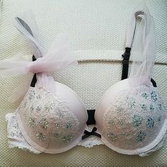 Gorgeous Bra! W Detachable Bow! Soooo Cute! Only Selling This Bra Bc It Doesn't Fit Me. It Is Detailed W Iridescent Beading On It. I Have Had It For 2 Years- It Was Just Stored Away W My Other Clothes. The Style Is: Dream Angel Push Up! It Gives You A Nice Modest Lift! The Lacy Straps Are Not Detachable - So I Wouldn't Recommend You To Wear This Under Tshirt--- Any Questions Please Ask- $30 Or Obo Victoria's Secret White Push-up Bra, Victoria's Secret Sleepwear With Built-in Bra, Victoria's Secret Push-up Bra With Adjustable Straps, Vs Bras, Victoria's Secret Pink Bra With Built-in Bra, Victoria's Secret Push-up Bra Friendly Tops, Cute Bras, Push Up, Women's Intimates