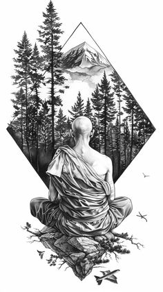 a black and white drawing of a man sitting in the middle of a forest surrounded by trees