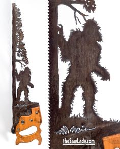 two metal cutouts depicting the silhouettes of people and animals, one is holding a tree branch