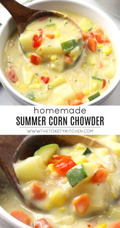 two pictures showing different types of soup in white bowls, one with vegetables and the other with