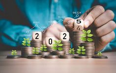 a person stacking coins with the numbers 2012 and green leaves growing out of them