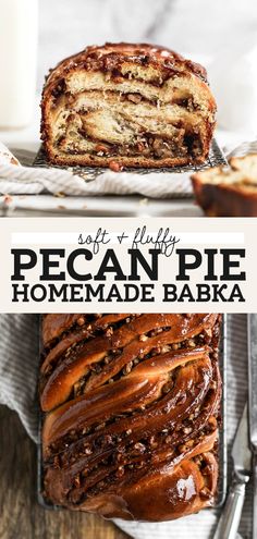 a loaf of pecan pie with chocolate icing on top and the words, soft & fluffy pecan pie homemade bake