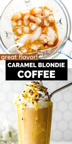 there are two different types of food in the blender, one is caramel blondie and the other is coffee