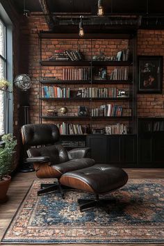 a living room with brick walls and leather chairs in front of a book shelf filled with books