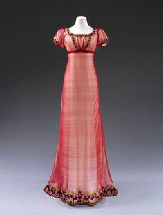 Evening dress, 1810. Pink Regency Costume Dress, Pink Regency Style Costume Dress, Red Dresses With Fitted Bodice For Dressmaking, Elegant Red Gown For Fancy Dress, Red Regency Costume Dresses, Vintage Red Dress For Fancy Dress Occasion, Vintage Red Fancy Dress, Regency Style Red Costume Dress, Red Gown For Fancy Dress Occasions