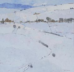 a painting of snow covered hills and houses