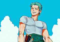 an anime character with green hair and white shirt standing in front of a blue sky