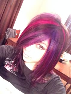 Joico vivids Red Hair Emo, Purple And Red Hair, Blue Hair Highlights, Sunset Hair, Split Dyed Hair, Red Hair Inspo, 2000s Emo, Beautiful Red Hair