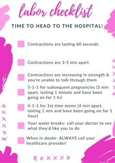 a pink and white poster with the text labor checklist time to head to the hospital