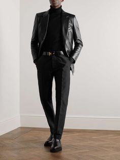 Modern Mens Outfits, Goth Wedding Outfit Men, Black Leather Suit Men, Mens Leather Blazer Outfit, Leather Blazer Men Outfit, Black Leather Men Outfit, Turtleneck With Blazer Men, Cocktail Chic Attire Men, Edgy Male Fashion