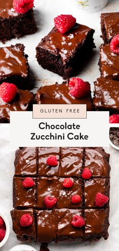 chocolate zucchini cake with raspberries on top and the title overlay reads gluten free