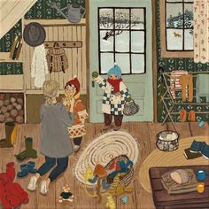 a painting of two people in a room with toys and other items on the floor