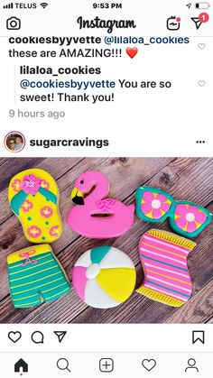 an instagramted photo with cookies decorated like swimsuits and flamingos