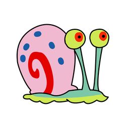 a pink snail with blue dots on it's shell and two red eyes, standing in