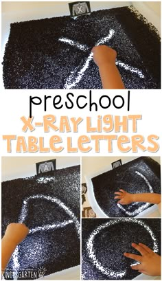 a child's hand is making a x - ray light table letter with glitter