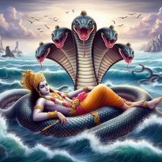 a painting of a woman laying on top of a large snake in the middle of water