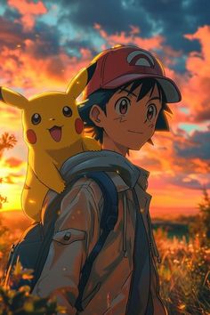 pikachu and ash in the sunset